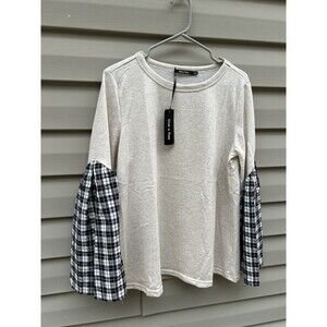 Doe & Rae NWT Womens Plaid Flare Sleeve Top Size Large Normcore Minimalist